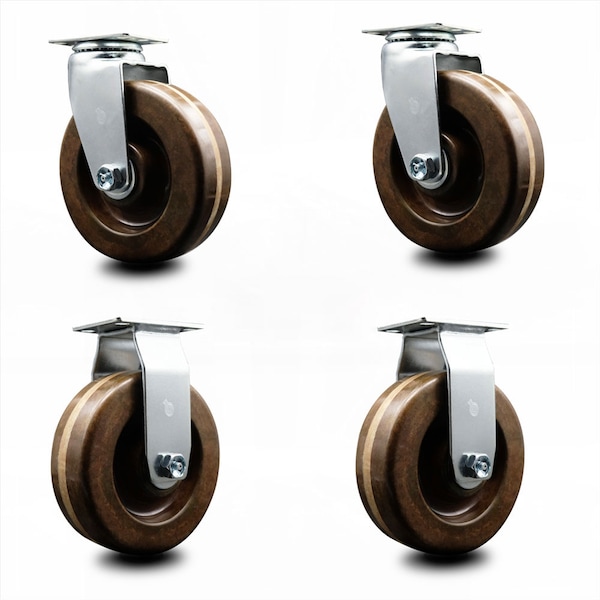 6 Inch High Temp Phenolic Caster Set with Roller Bearings 2 Swivel 2 Rigid SCC